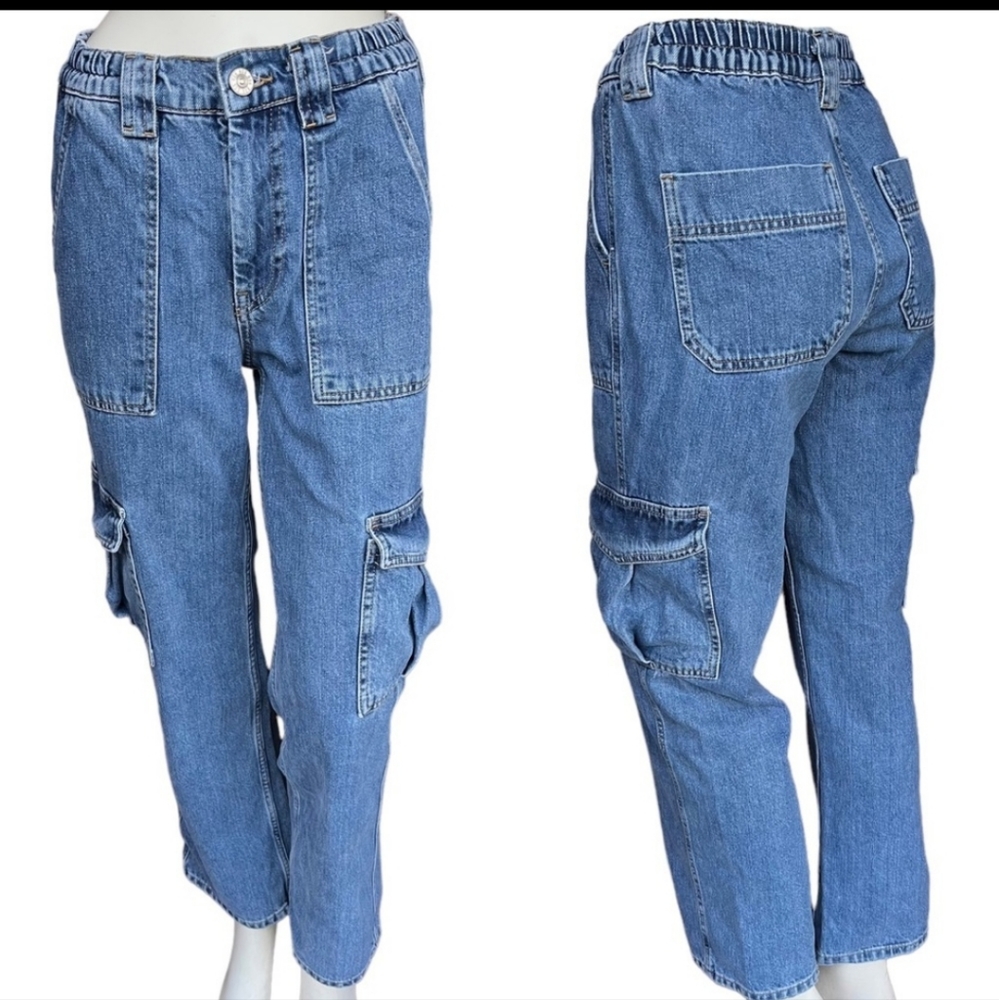 BDG Skate High Rise Medium Wash Elastic Waist Cargo Wide Leg Jeans | Size 27